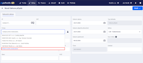 Přidání nového dodavatele do adresáře z dokladu