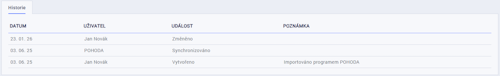 Záložka Historie